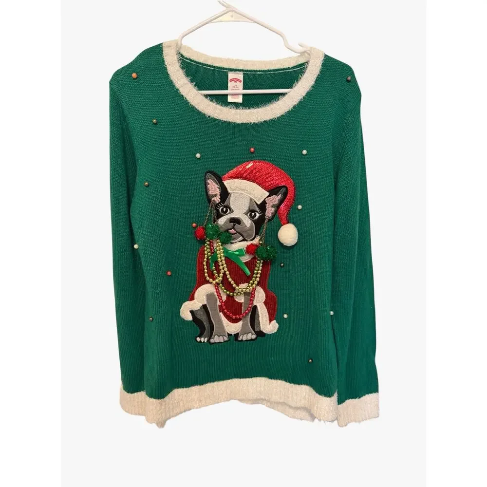 Holiday Time Women's Large Ugly Festive French Bulldog Boston Terrier Sweater